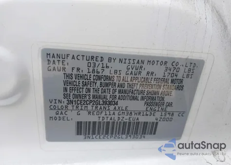 2016 Nissan Versa Note S (Sr)/S Plus/Sl/Sr/Sv z USA, uszkodzony, nr VIN 3N1CE2CP2GL393034